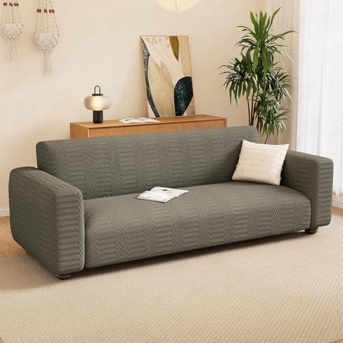 Image of Lukzer 2 Seater Pastel Dark Grey Dotted Stripe Pattern Sofa Cover | 240 GSM Universal Stretch Fit Jacquard Fabric Couch Protector | Fully Covered Anti Slip & Washable Sofa Cover (SC-133-02 /140-180cm)