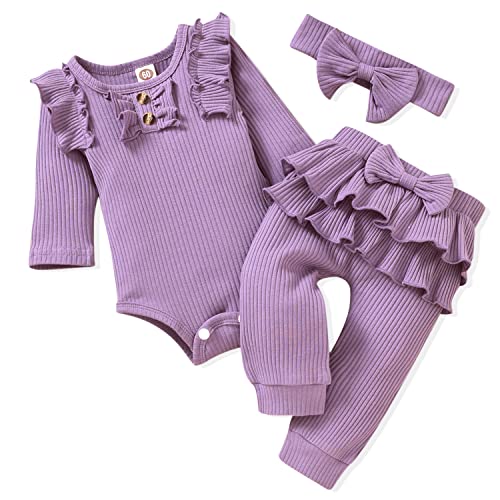Image of Aalizzwell Preemie Newborn Infant Baby Girls Clothes Ribbed Bodysuit Pants Set Fall Winter Outfits