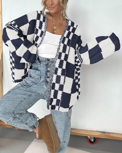 Image of BTFBM Casual Cardigan Sweater for Women Fall 2026 Long Sleeve Open Front Chunky Knit Sweaters Checkered Outwear Coat