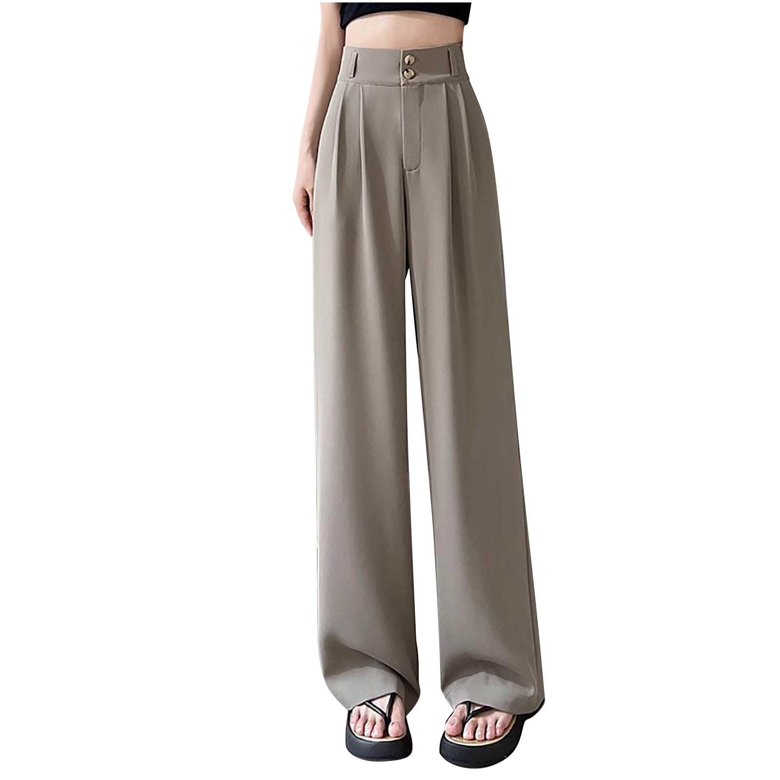 Women Plus Size Long Pants Loose Pockets Wide Leg Trousers Casual High Waisted Button Pleated Solid Color Suit