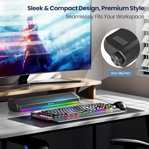 Image of Tylubio Computer Speakers for Desktop, HiFi Stereo PC Soundbar with Dynamic RGB Lighting, USB & Type-C Plug&Play, Volume Control Knob, Wired Speakers for Gaming, Laptop, Monitor, Office Black