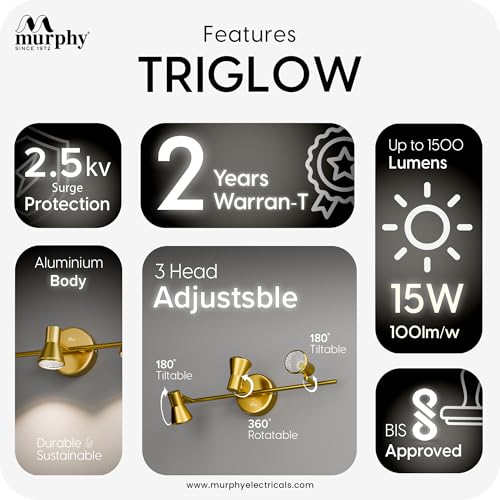 Image of Murphy TriGlow 3x5W LED Wall Track Light, 3C Color Changing (CW /WW /NW), Golden Finish, Adjustable 3 Spotlight Fixture, 15W Indoor Wall Lamp for Living Room & Home Office, Pack of 2