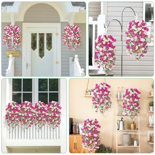 Image of Bassion 2 Packs Artificial Hanging Flowers for Outdoors, Mixed Purple | UV resistant fake petunias, realistic faux plants, hanging morning glory, home patio porch garden planter outdoor decor