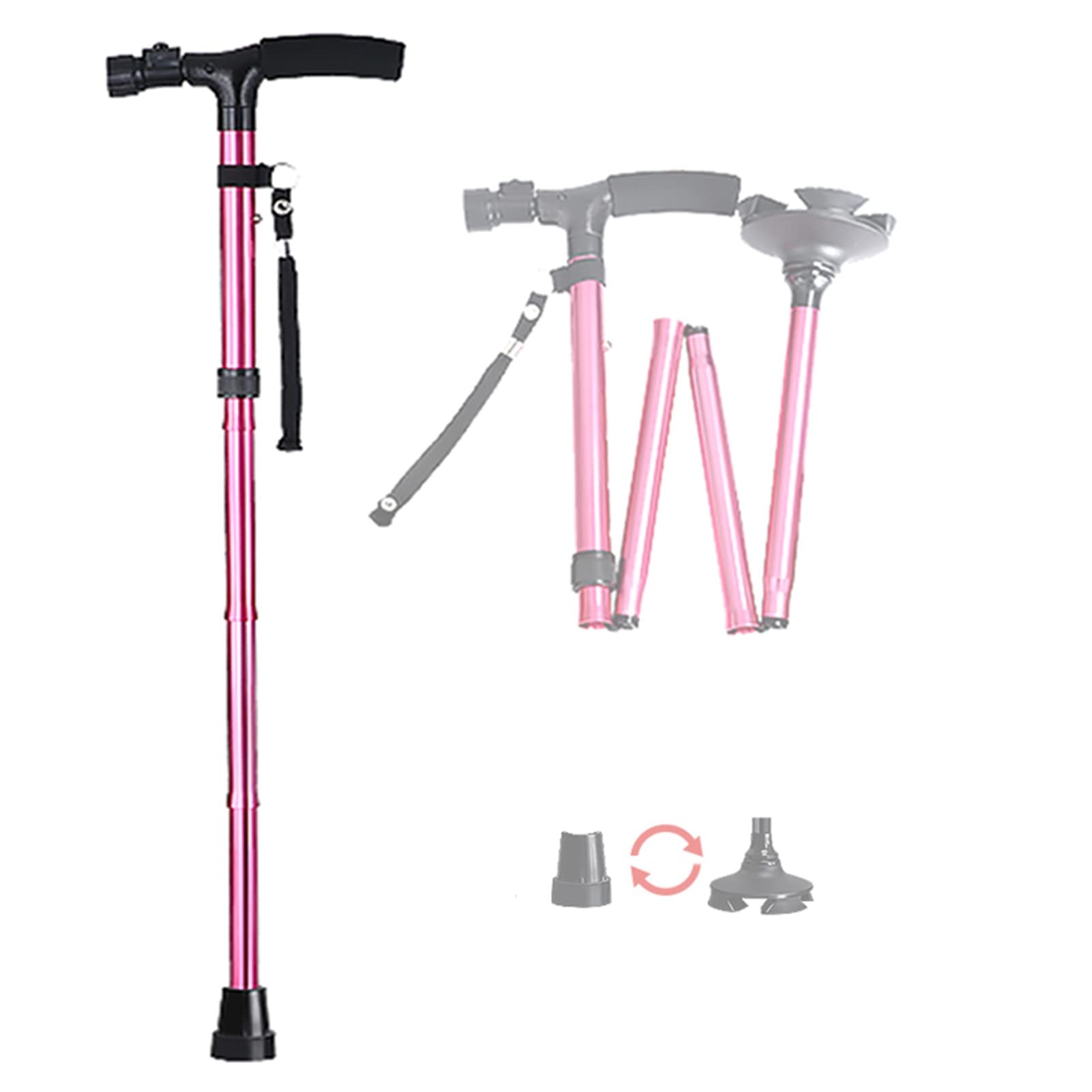 NGD Bastón Cuadrípode de Aluminio para Adultos-Regulables en Altura,Muletas Ortopédicas Ligero Plegables con Luz LED y Agarres Ergonómicos,Agarre Cómodo,Soporta hasta 100kg (Color : Pink)