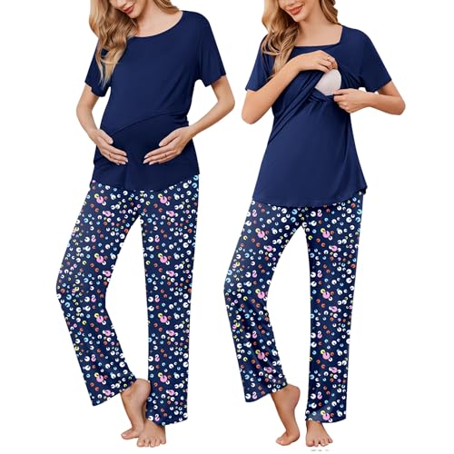 Image of Ekouaer Women's Nursing Pajamas Maternity Pajama Postpartum PJS Breastfeeding Short Sleeve Top & Pants Sets with Pockets