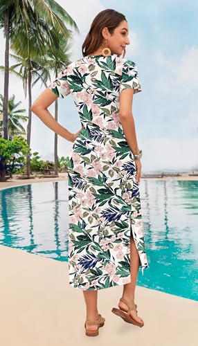 Image of MISFAY Womens Maxi Dress Short Sleeve V Neck Loose with Pockets | Soft stretchy breathable, v neck loose fit, side split hem, two side pockets, casual daily beach vacation travel dress