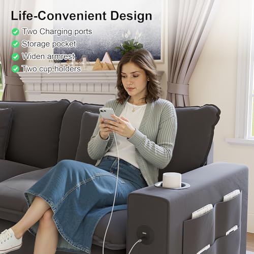 Image of KCGKCG 116 inch Modular Sectional Couch, L Shaped Cloud Couch with Movable Ottoman, Deep Seat Cloud Sofa with Charging Station, Cup Holder, Side Pocket, Chenille Sectional Couches for Living Room, Grey