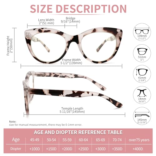 Image of reading glasses, adjustable in strength from 0.0 to 4.0, blue light-blocking lenses, stylish cat-eye frame and spring hinges (4 per pack) UV resistance(0.00x)