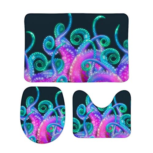 HOTLIFE-234 Koraal Fluwelen Vloermat Drie Sets Neon Octopus -up Inclusief 60X40cm Hoge-absorberend WC-bril en 50X40cm Microvezel Zacht Fluffy Badkamer Tapijt, Antislip Mat Wasbaar