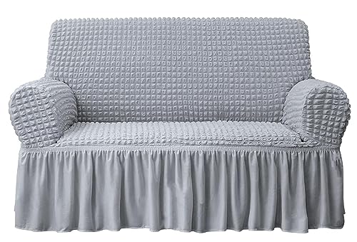 Image of House of Quirk Turkish Bubble Frill 280 GSM Sofa Slipcovers, Durable Washable Universal Double Seater High Elastic Furniture Protector (Smoke, 145-185cm)
