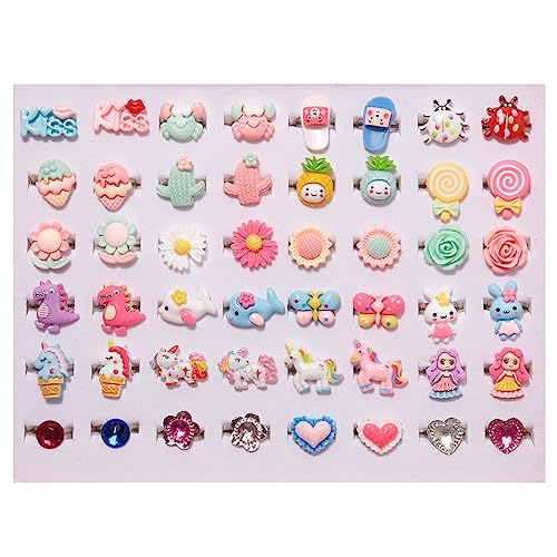48Pcs Little Girls Jewelry Rings in Box - Adjustable and Colorful! Girl Pretend Play and Dress Up Kids Rings, 4-12 Years Girl Birthday Christmas Gift Ideas Set, 3 4 5 6 7 8 9 10 11 12 Year Girl toys Ring