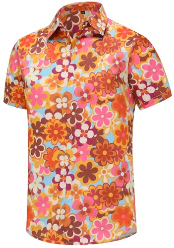 Mens 70s Disco Hip Hop Casual Button Down Paisley Floral Vintage Short Sleeve Hip Hop Shirt