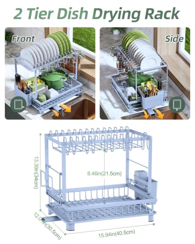Image of Dish Drying Rack 2-Tier Dish Racks with Drainboard, Rustproof, Space-Saving Dish Rack, Utensil & Cup Holder for Kitchen Counter, Blue