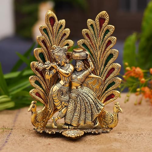 Image of Brass Finish Metal Statue of Lord Krishna and Radha with Peacock, Traditional Indian Decor with Intricate Detailing for Home & Office 7-Inch Decorative Idol for Spiritual, Cultural.