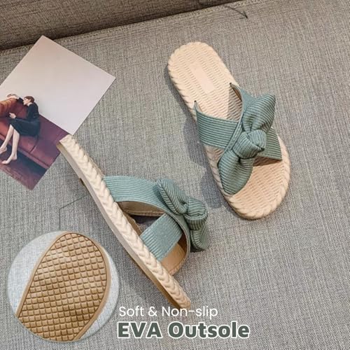 Women's Open Toe Slide Slippers with Cute Bow, Summer Crossband Linen Sandal Slippers, Slip-on House Shoes3