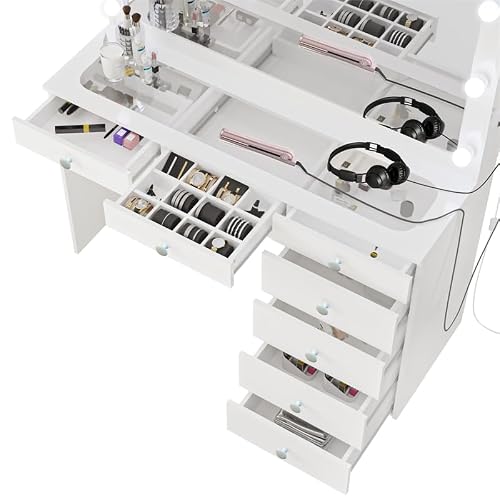 Boahaus Serena Modern Makeup Vanity with Lights, 7 Drawers, Vanity Mirror, Glass Top, Basic Knobs, New Built-in Lights Version, White Vanity Makeup Desk Version for Bedroom, 58.2''H x47.3''Wx16.9'' D