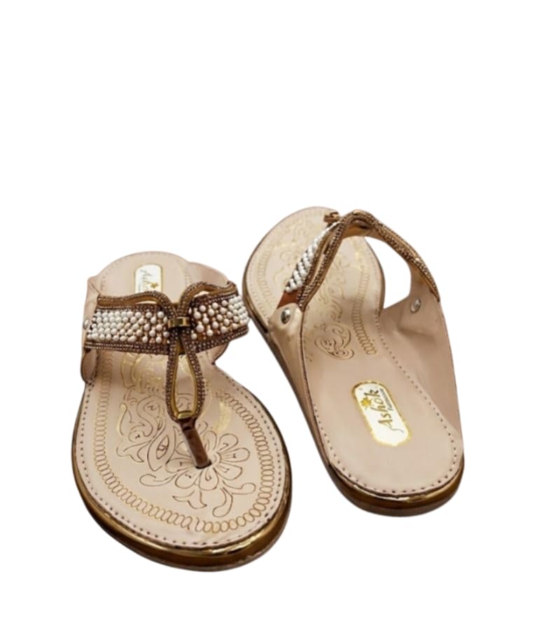 Synthetic Flat Sandals for Women | Slip-On Toe Strap Sandal with Pearl-Embellished Straps & Floral-Pattern Insole | Comfortable Open-Toe Casual Footwear for Western Outfits (Beige)-image-30