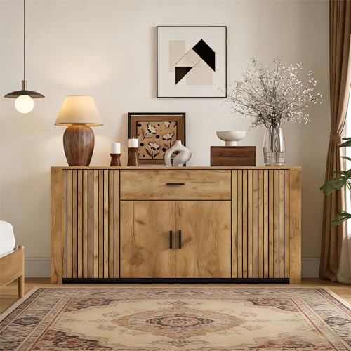 MSMOK Cómoda de 160 x 40 x 75 cm, aparador con 4 puertas, 1 cajón, armario de comedor, armarios anchos sin mangos, versátil, color madera, roble