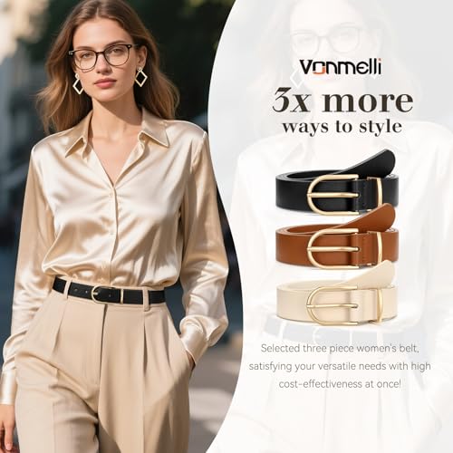 Image of VONMELLI 3 Pack Women's Belts for Jeans Pants Fashion Gold Buckle Ladies Dress Belt