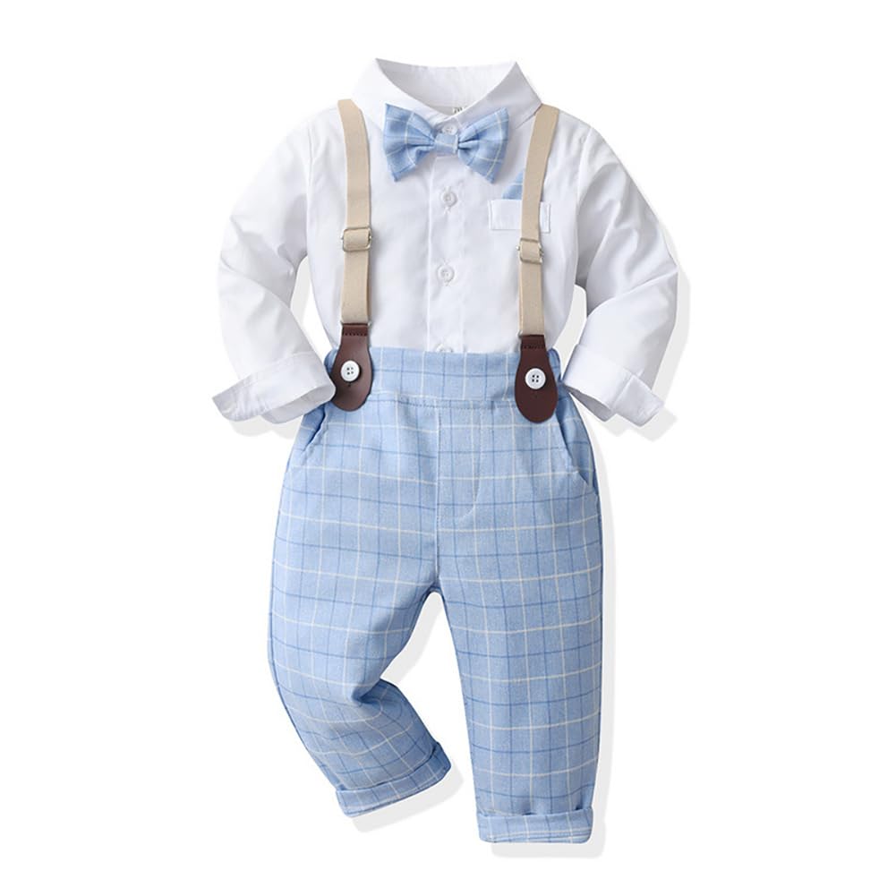 IDOPIP Autumn Baby Boys Clothes Sets Toddler Boy Outfits Gentleman Suits Plaid Bow Tie Shirts Suspenders Pants 4PCS Baptism Birthday Formal Wedding Party Dress Suit Blue Plaid - Pants 12-18 Months