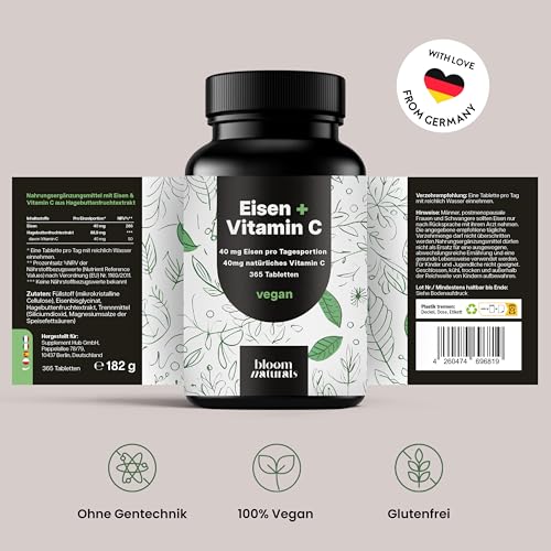 Eisentabletten hochdosiert mit Vitamin C- 365 Tabletten - Eisenbisglycinat/Eisen hochdosiert mit Vitamin C, Eisen Vitamine C vegan & produziert in Deutschland - Laborgeprüft