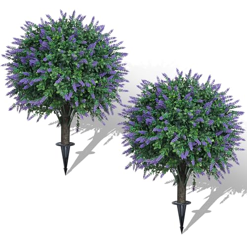 AOKIIE Set of 2 Artificial Lavender Boxwood Topiary Ball Bush for Outdoor with Ground Spike 22