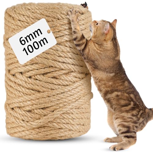 100m Corda per Tiragraffi in Sisal Naturale 6mm - per Gatti, fai da te, Decorazione casa/giardino - Corda tiragraffi per gatti di ricambio(100 m x 6 mm)