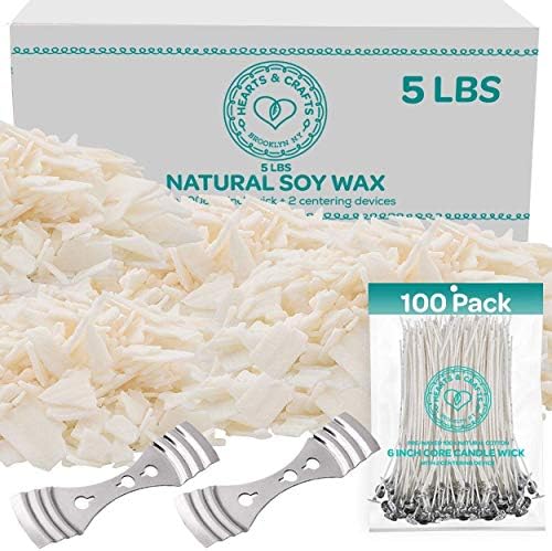 Hearts & Crafts Natural Soy Candle Wax and Candle Making Wax Supplies - 5 lbs Soy Wax for Candle Making - 100 6-Inch Pre-Waxed Candle Wicks - 2 Metal Centering Devices - 5 Pounds Soy Wax Flakes
