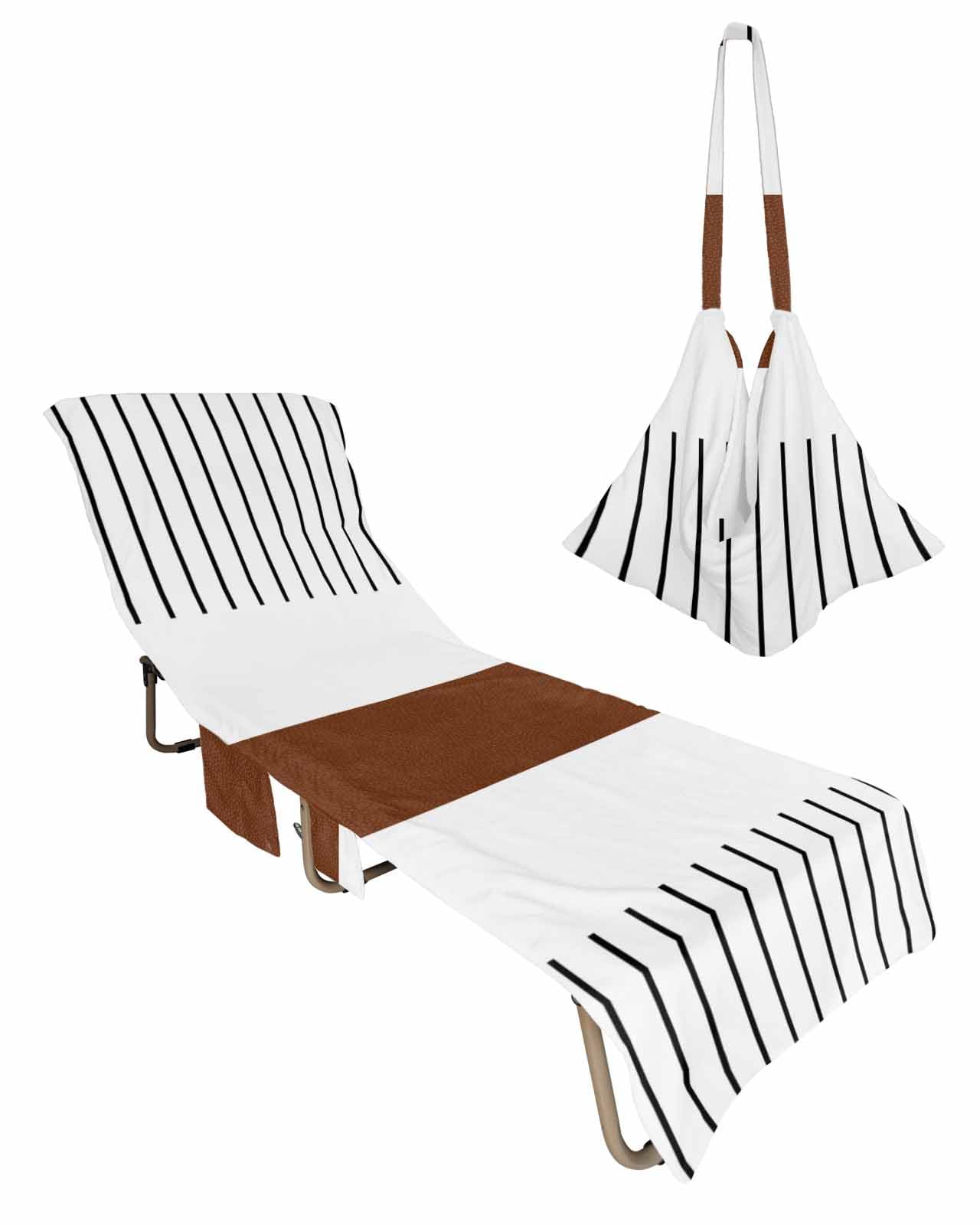 Brown White Beach Lounge Chair Towel Cover, Soft Chaise Lounge Towel with Side Pockets Patio Pool Chairs Cover for Beach/Pool Sunbathing 29x85 Boho Geometric Tribal Stripes Bohemian Modern
