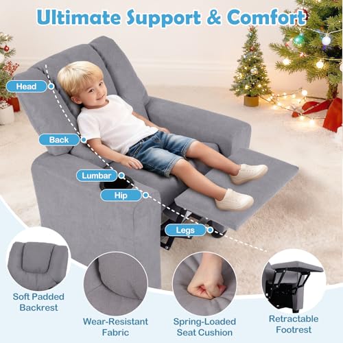 Image of Kids Recliner, Toddler Lounge Chair w /Cup Holder, Wide Armrest, Kids Sofa w /Adjustable Footrest, Comfy Toddler Recliner Chair for for Boys & Girls 3 + (Fabric, Grey)