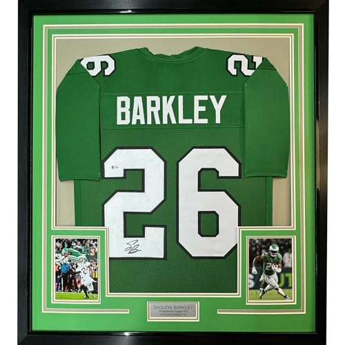 Framed Autographed/Signed Saquon Barkley 35x39 Philadelphia Kelly Green Football Jersey Beckett BAS COA