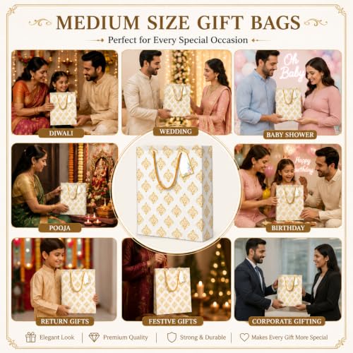 Image of Gift Bags Medium Size - Paper Bags for Gifting - Pack of 10 - Return Gift Bags - Carry Bags - 9 L x 12 H x 3.5 W Inch