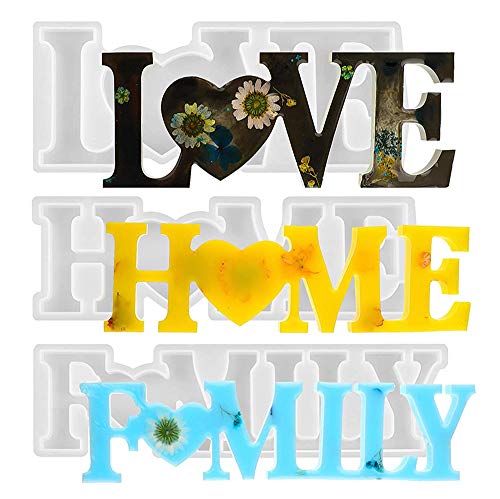 Jimiston 3 sztuki Love/Home/Family foremki z żywicy epoksydowej, zestaw foremek do odlewania z żywicy 3D, dekoracja stołu, forma silikonowa, żywica syntetyczna, rękodzieło, kreatywny prezent na Walentynki, Boże Narodzenie