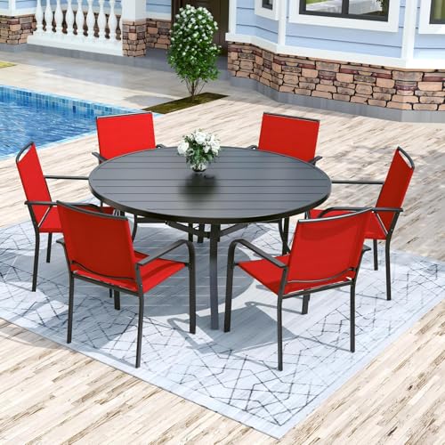 Image of Anmutig 7-Piece Outdoor Dining Set 6 Stackable Chairs & 54 inch Round Table with Umbrella Hole All Weather Furniture Set for LawnDeckBackyard - Red