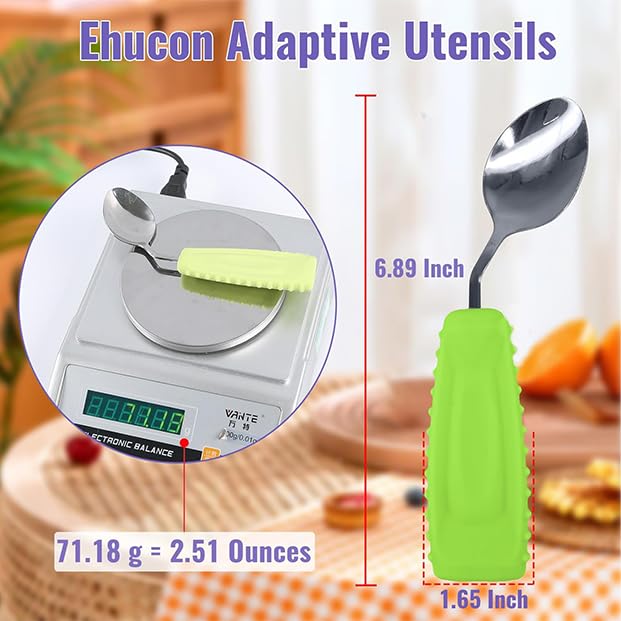 Image of Adaptive Utensils Angled Spoon and Fork for Hand Tremors Parkinsons,Weighted Utensils with Non-Slip Easy Grip Handles for Independent Eating (1pcs Spoon+1pcs Fork=2 pcs,Green,Left Hand)