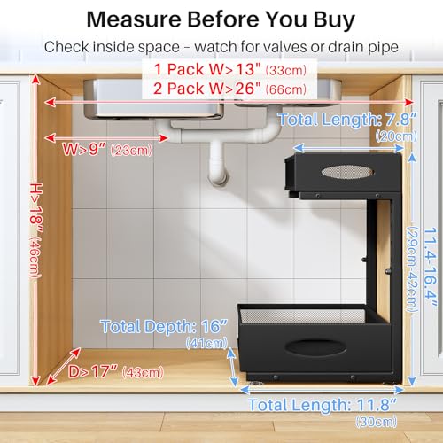 Image of Under Sink Organizer, 2 Pack 2 Tier Pull Out Under Cabinet Organizer Shelf with Pad for Framed Cabinets, Metal Slide Out Under Sink Storage, Mesh Sliding Drawers for Kitchen Bathroom Laundry, Black