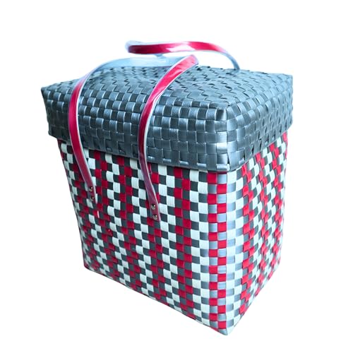 Image of Hand Made Multipurpose Plastic Basket with Lid | Eco-Friendly, Washable, Rust-Free Storage Basket for Kitchen, Picnic, Toys, Travel, Office | Lightweight basket (Grey with Red, XL)
