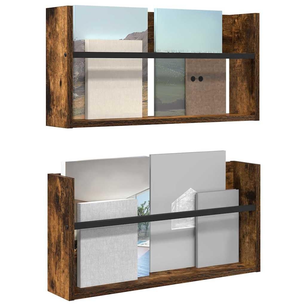 Mangloder Zeitschriftenständer und Zeitungsständer aus Holzwerkstoff in Geräucherte Eiche, 2 Stück, 60 x 12 x 30 cm, Wandmontage für Wohnzimmer, Büro, Wartezimmer und Leseecke