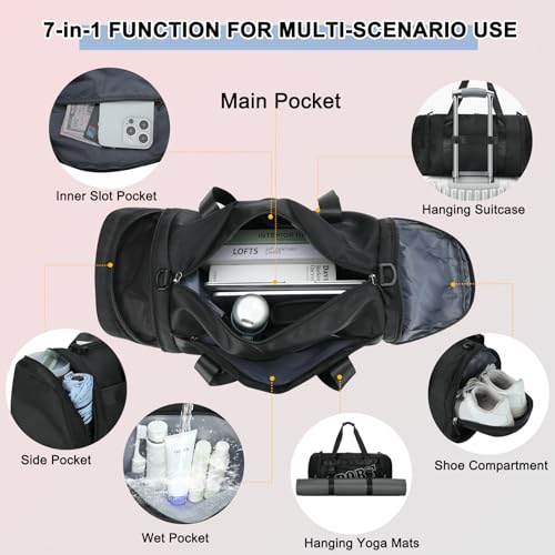 22″ Multipurpose Gym Travel Bag with Shoe & Wet Compartments for Men & Women, Carry On Bags for Airplanes, 35L Duffle Bag for Fitness Yoga Sports & 3-5 Days Weekender Overnight (Black)4