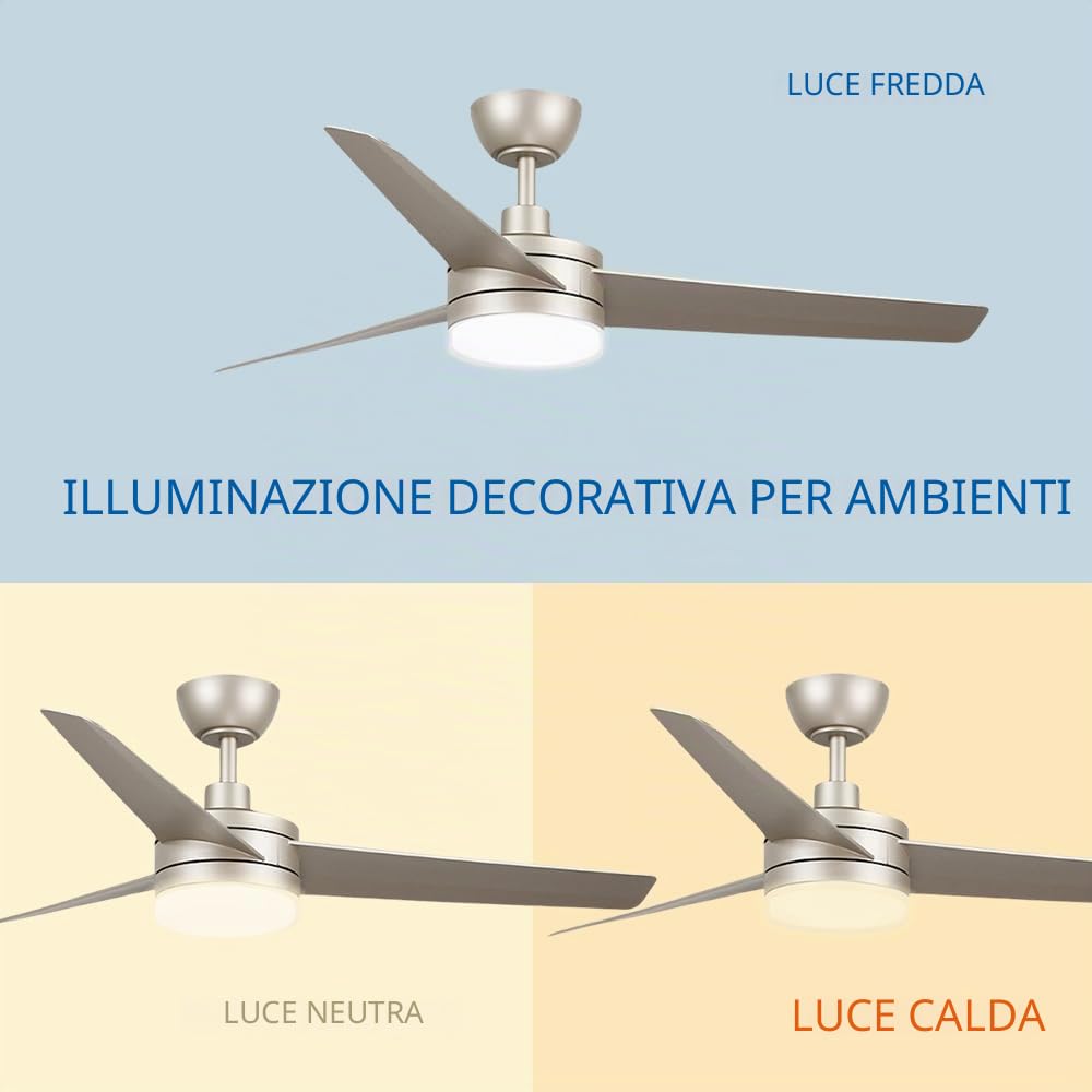 M mimotec - Ventilatore a soffitto con luce LED Grigio Curve, telecomando, motore DC 40W+Luce LED 18W, 6 velocità, Silenzioso,3 Pale, 132 cm, funzione estate-inverno, timer. LM8814