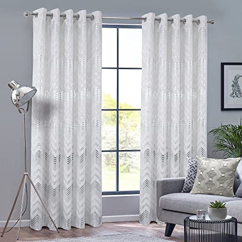 always4u 100% Blackout Curtains For Living Room Velvet Energy Efficiency Drapes Luxury Silver Line Foil Print Lined Window Treatments 2 Panels White 90 * 90