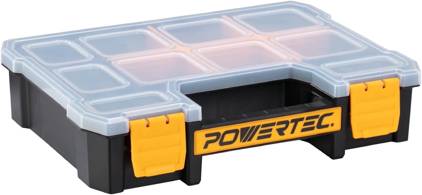 POWERTEC Organizador de piezas pequeñas y caja de herramientas, 10 compartimentos, almacenamiento apilable con divisores extraíbles, tapa