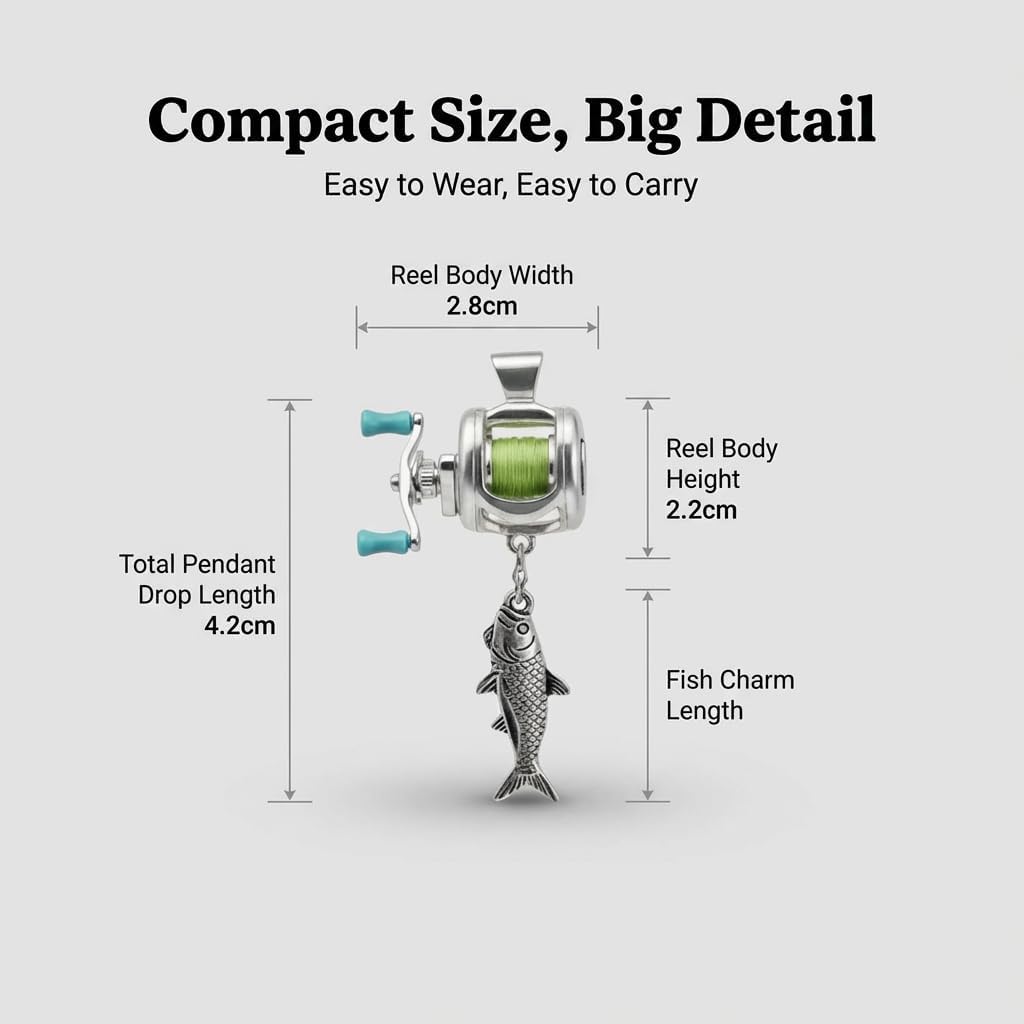 Fishing Reel Necklace, Mini Fishing Reel Necklace for Men with Rotating Handle, Silver Fish Necklace Pendant
