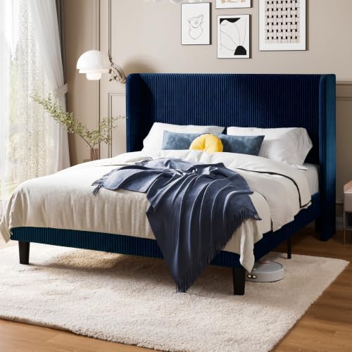 Image of Allewie Queen Size Platform Bed with Corduroy Wingback Headboard, Blue | 900 lb Capacity, Corduroy Wingback Headboard, Vertical Channel Design, Wood Slat Support, No Box Spring Needed, Easy Assembly