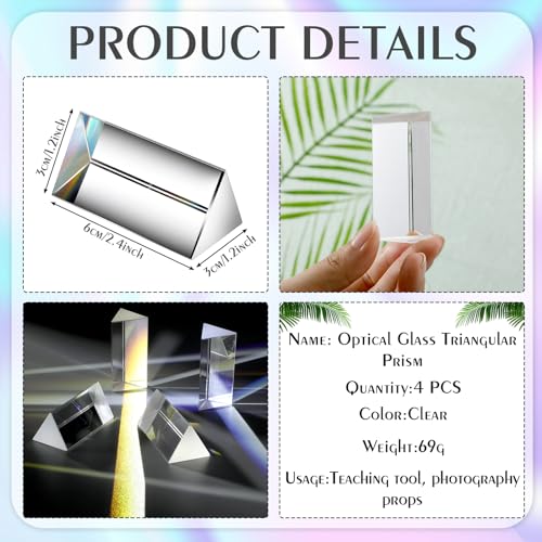 Image of Copkim 4 Pcs Clear Glass Prisms K9 Crystal Triangular Prism for Physics Teaching Photo Rainbow Photography Light Prisms for Refracted Light Spectrum Students Presents Gift(2.5 Inch)