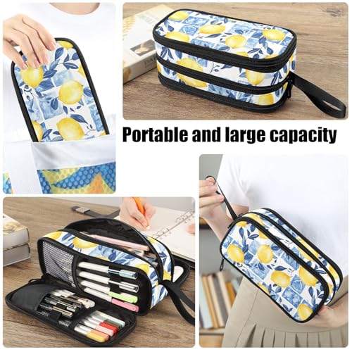 Image of Fustylead Watercolor Lemons over Blue Tiles Large Pencil Pen Case Stationery Bag 3 Compartments School College Office Organizer