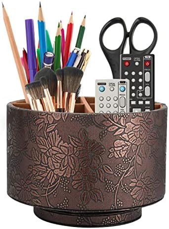 Rantuns Round Leather Remote Control Holder, 360°Spinning Office Supplies Desktop Organizer, Multi-Functional Pen Holder,4 Compartments Desktop Stationary Organizer for Pen, Phone, Heater Controllers