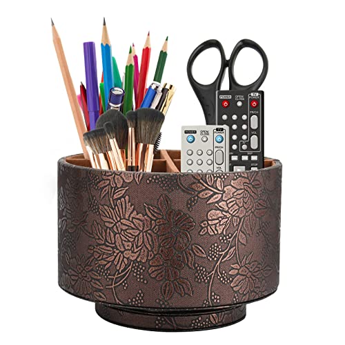 Rantuns Round Leather Remote Control Holder, 360°Spinning Office Supplies Desktop Organizer, Multi-Functional Pen Holder,4 Compartments Desktop Stationary Organizer For Pen, Phone, Heater Controllers #TOP2