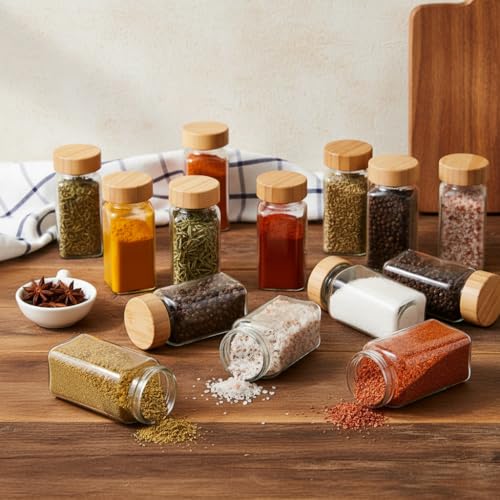 Image of ginoya brothers Spices Jar Lids Airtight Spice Jars Fits Square Reusable Wooden Lid Storage Canning for Nice Sealing Kitchen Organization. (2)