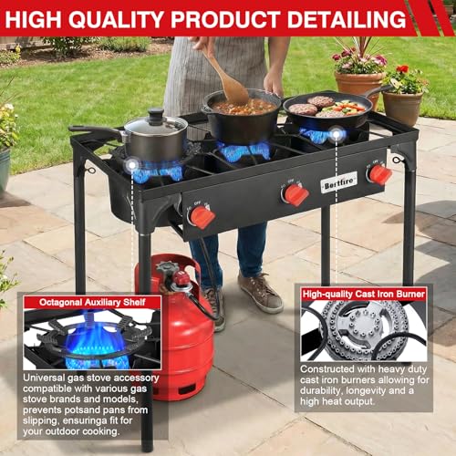Image of Bestfire 3 Burners Camping Stove for Cooking Outdoor, 225,000 BTU Propane Burners with Ignition wire&Removable Legs, Temperature Control Knobs and 20 PSIG High Pressure Regulator for BBQ